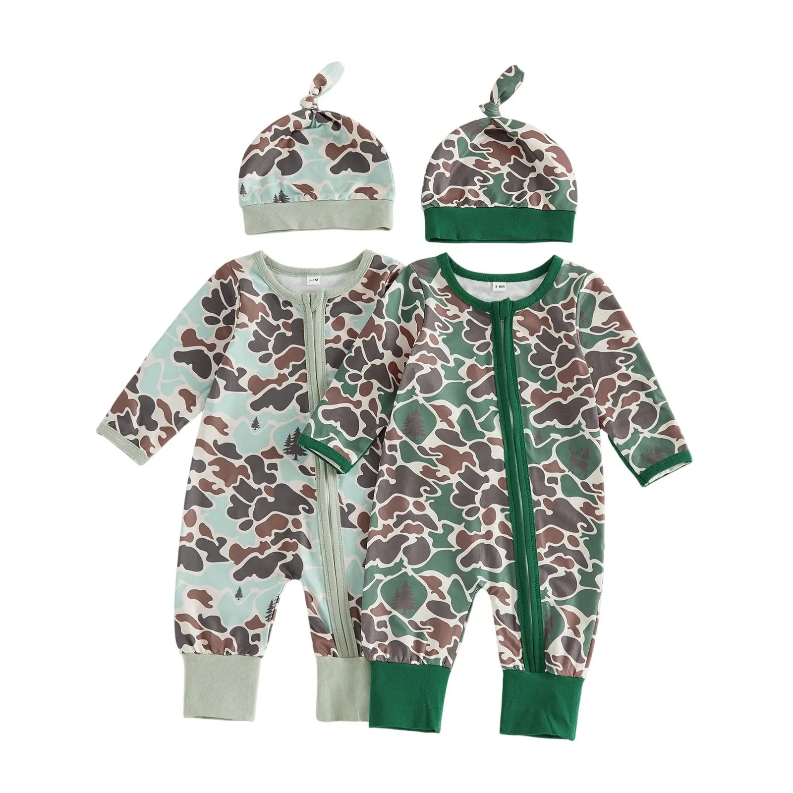 2Pcs Newborn Baby Boy Outfit Long Sleeve Camouflage Print Zipper Romper and Hat Set 0-12 Months