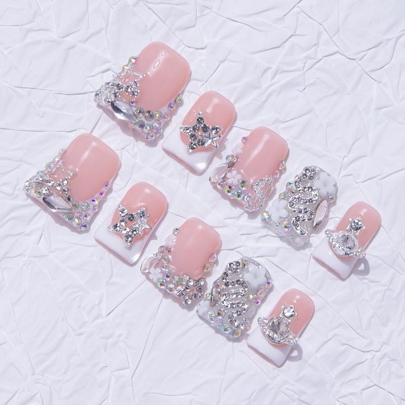 Nailssbysheccid, 10pcs-Y2K press on nails, duck nails, 100%handmade, with French, 3D, smudt, hand-drawn designs, perfect for family dinners, dates, weddings, and the best gift for girls! Jelly gel, crystal sticks and rolling sticks are given as gifts.