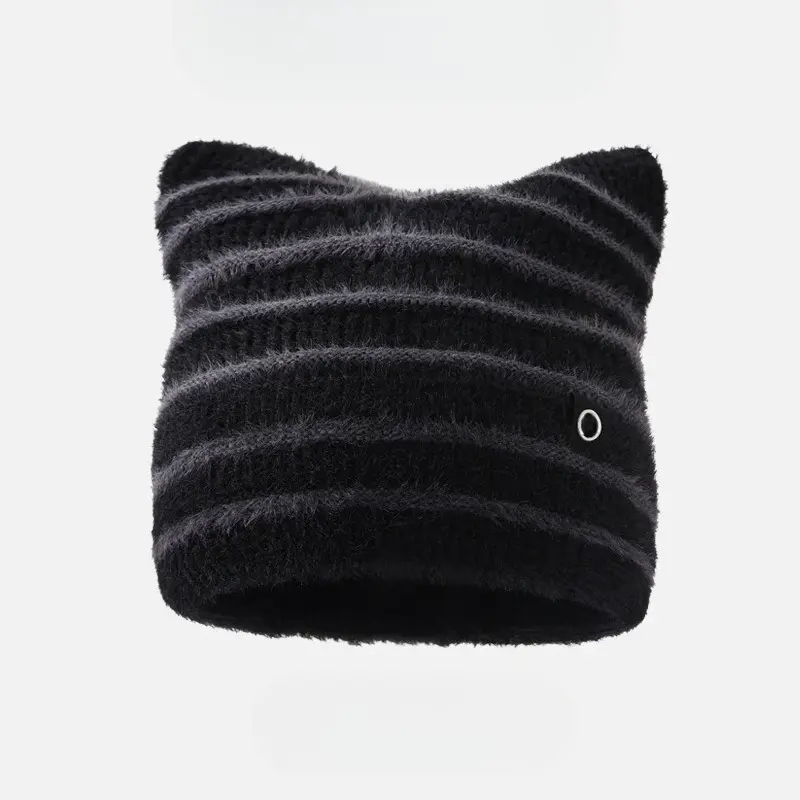 2026 Autumn Winter New Women’s Korean Style Striped Cat Ear Knit Beanie, High Stretch Warm Ear Covering Winter Headwear, Roomy Silhouette Suited For Larger Head Shapes With Natural Face Slimming Effect For Daily Commuting And Cold Weather Casual Outings