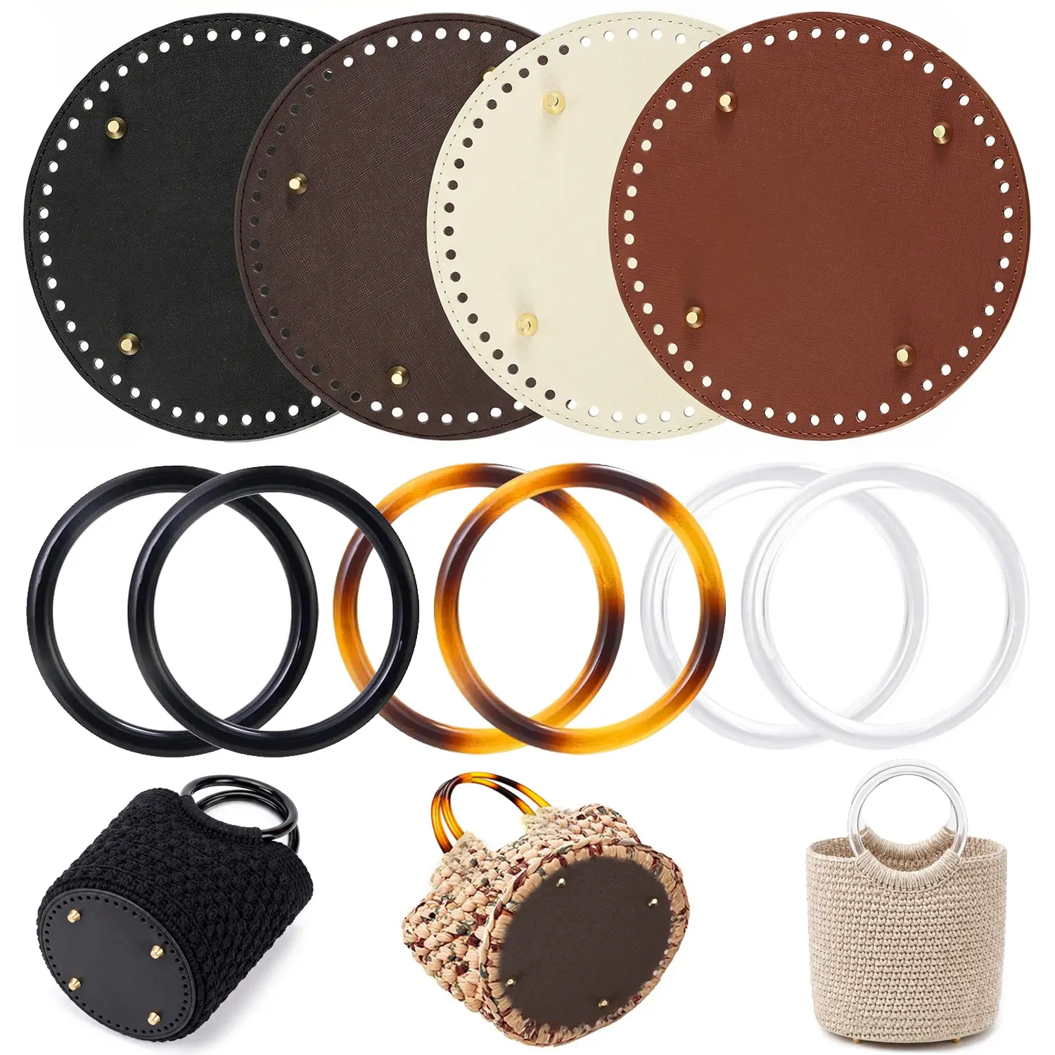 4+6 PCS Bag Bases for Crochet with Round Shape Purse Handles for Bag Making 4 Colors Round PU Leather Purse Bottoms for DIY Knitting Crochet Handbag