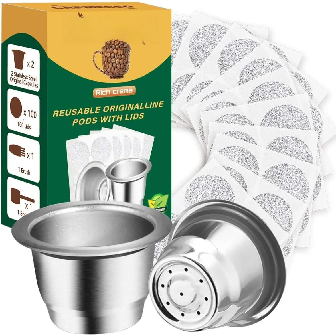 Capsules for  OriginalLine, Refillable Coffee Pods Stainless Steel Cups Compatible with  OriginalLine Brewer(2 Pods+100 )