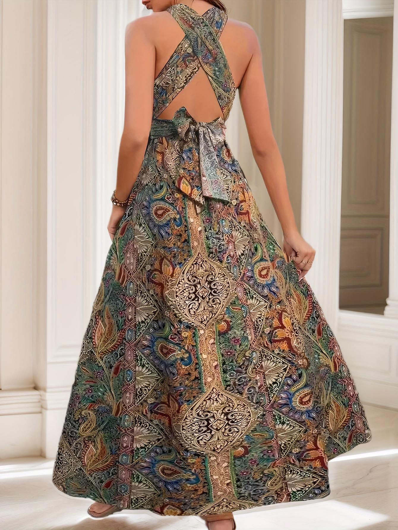 Paisley Print Halter Dress] Elegant Paisley Print Women's Halter Neck Dress  | Crisscross Back, Slit Thighs, Bow Detail, Machine Washable A-Line Resort  Dress | Formal Attire, Sophisticated Design - TikTok Shop
