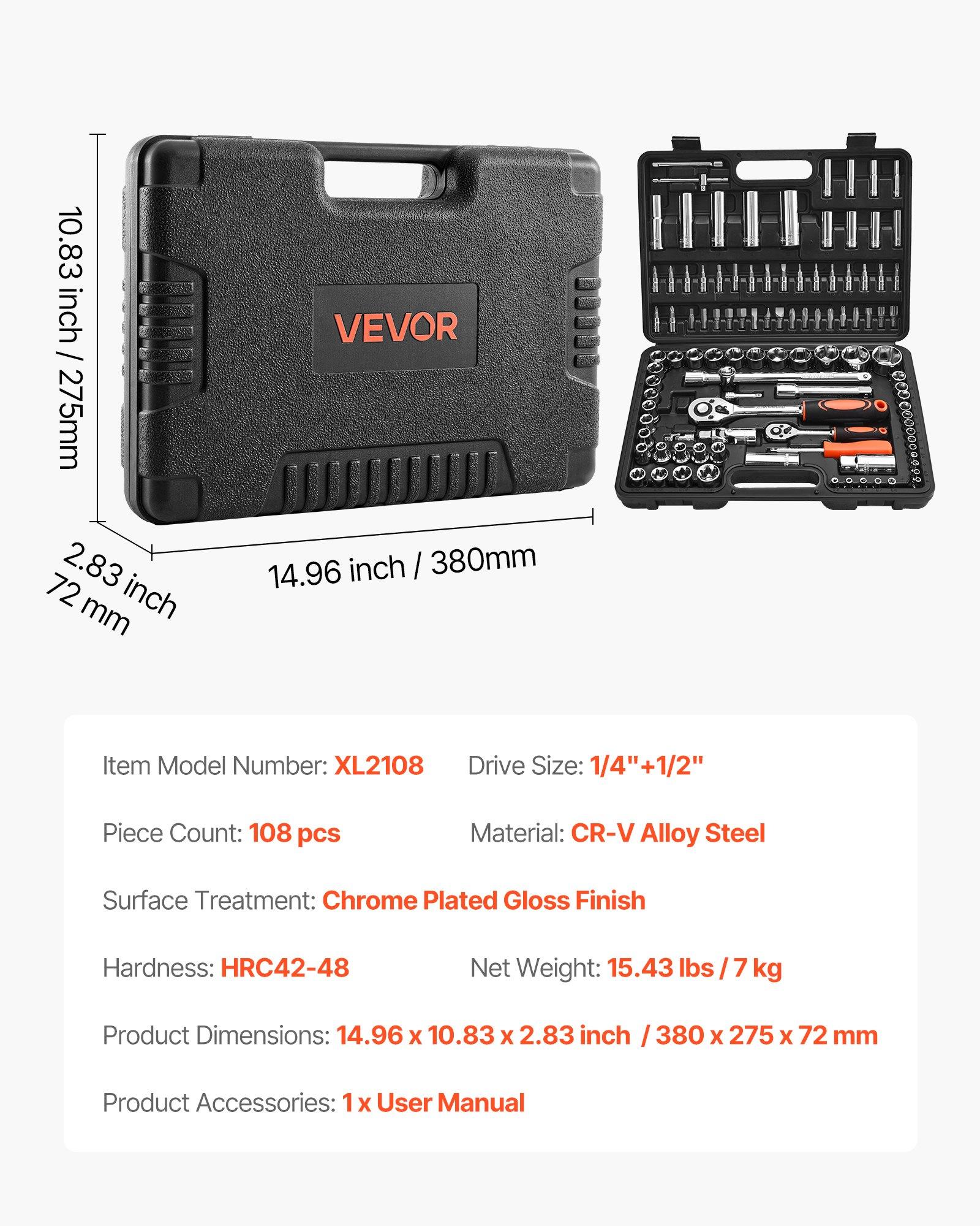 VEVOR Socket Set, 108 Pieces, 1/4 & 1/2 inch Drive Socket and Ratchet Set, Metric Size from 4 to 32 mm, Mechanic Tool Kit with Bits, Accessories, Storage Case, CR-V Alloy Steel, for Automotive Repair