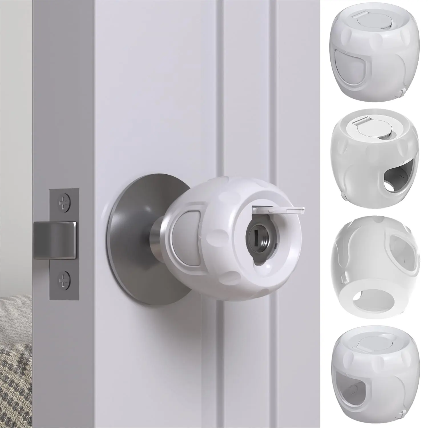 Door Knob Safety Cover for Kids (4 Pack) - Babyproof Lockable Door Handle Covers with Hidden Holes, No Screwdriver or Tools Needed(Gift)