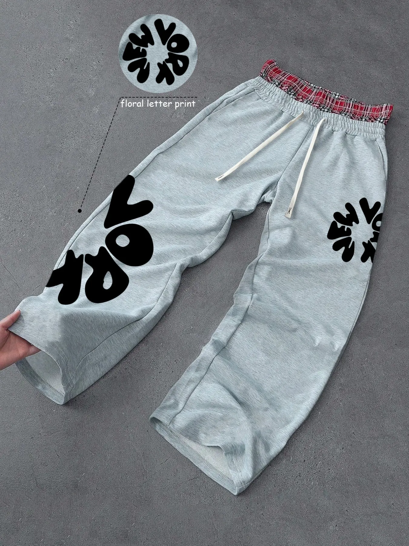 American Retro Bubble Letter Print Wide Leg Sweatpants for Men, Plaid Patched Waist Drawstring Loose Straight Sport Long Pants, Casual Lounge Sweatpants