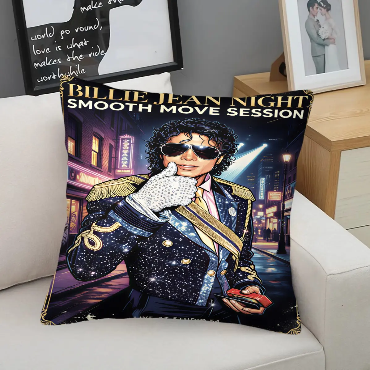 45x45cm Michael Jackson Neon City Poster Print Throw Pillow, Machine Washable HD Print, Soft Plush Filling, Sofa Decor Cushion For MJ Fans (Insert Included)