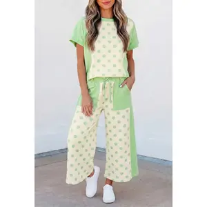 Green Color Block Patchwork Polka Dot Wide Leg Pant Set matching sets  women