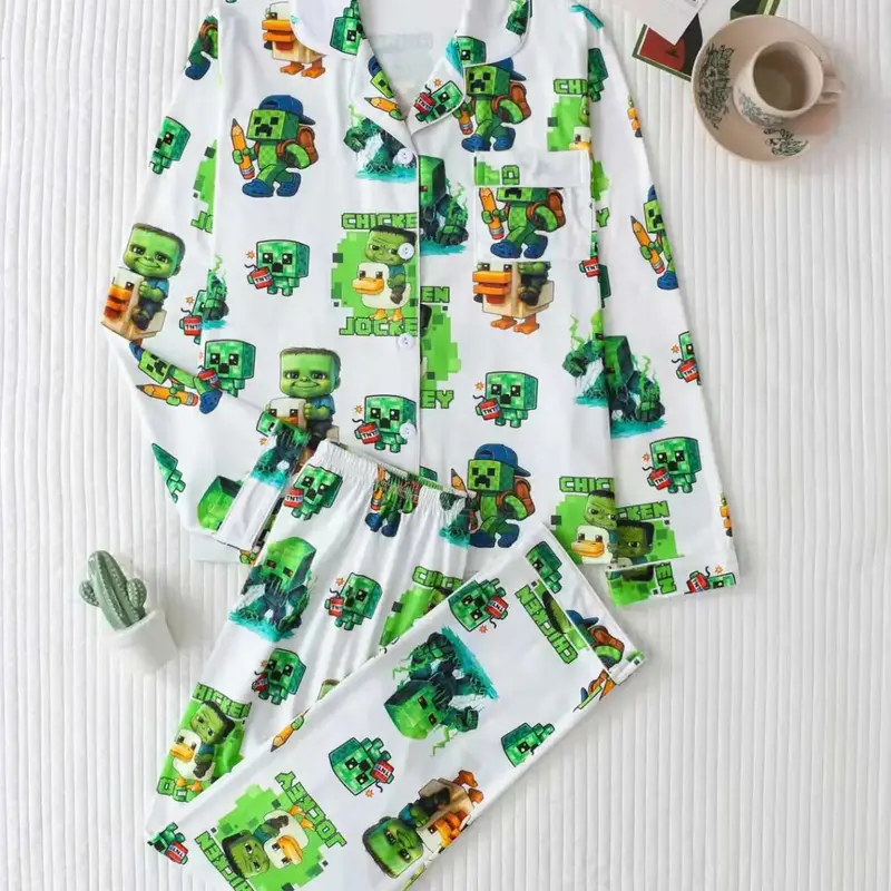 Two-Piece Cartoon Pajama Set Pjs Pyjamas, Long Sleeve Button-Down Top and Loose Comfortable Pants, Cute Fitted Sleepwear Loungewear for All Seasons