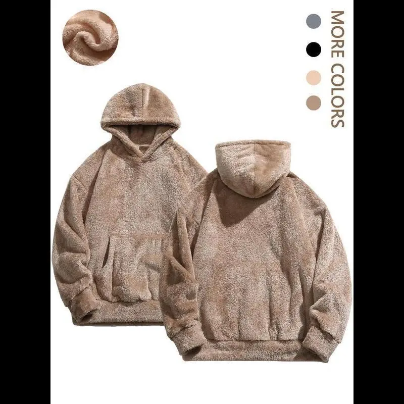 Men's Solid Pocket Long Sleeve Fuzzy Hoodie, Loose Casual Hooded Sweatshirt for Fall, Drippy Outfits, Going Out Outfit, Cozy Fall Outfits