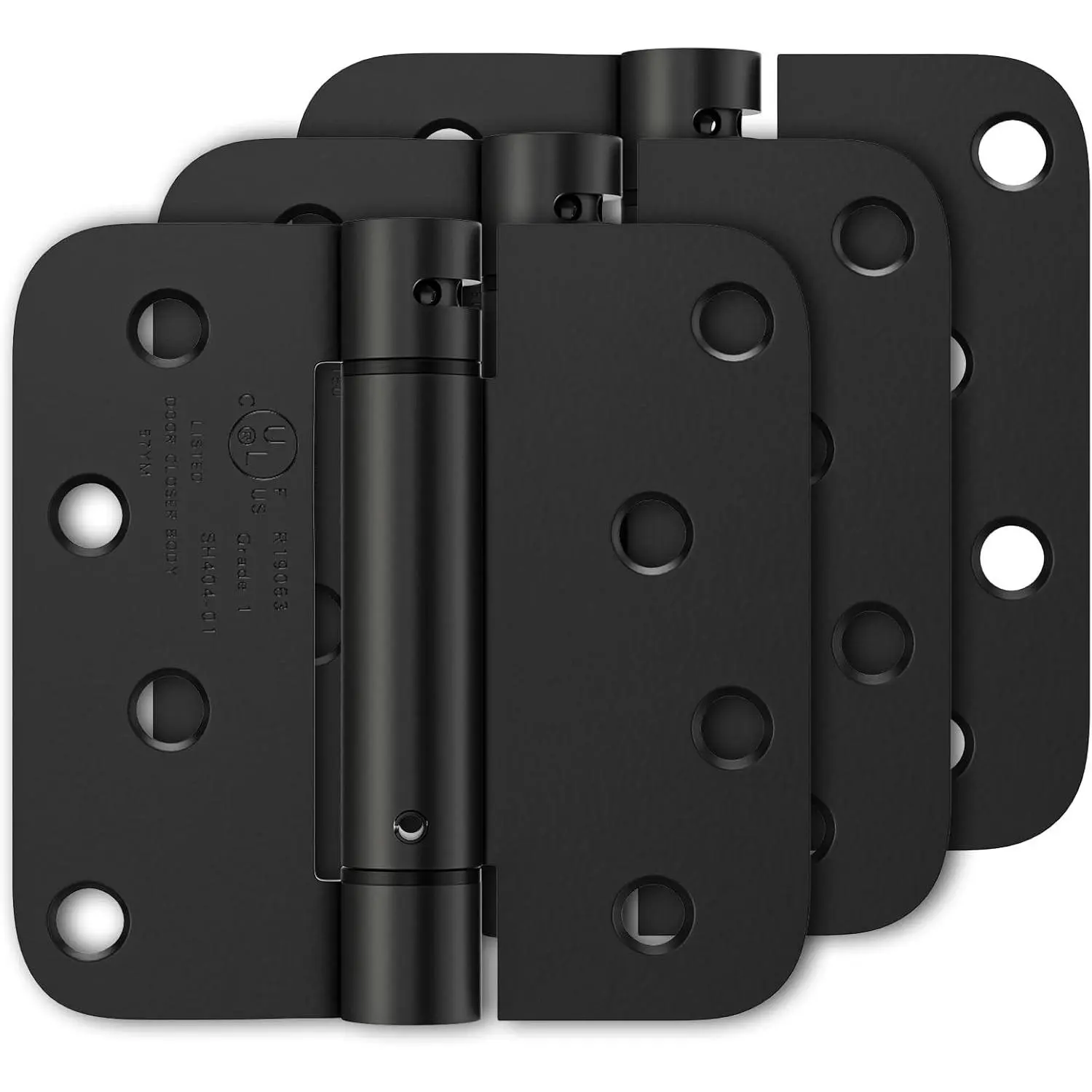 Luxbaro 3 Pack 4 Inch Black Self Closing Spring Loaded Door Hinges, Adjustable Tension, 5/8'' Radius Corners, UL Listed, Fit Left/Right Hand Doors for Garage/Front/Back Doors