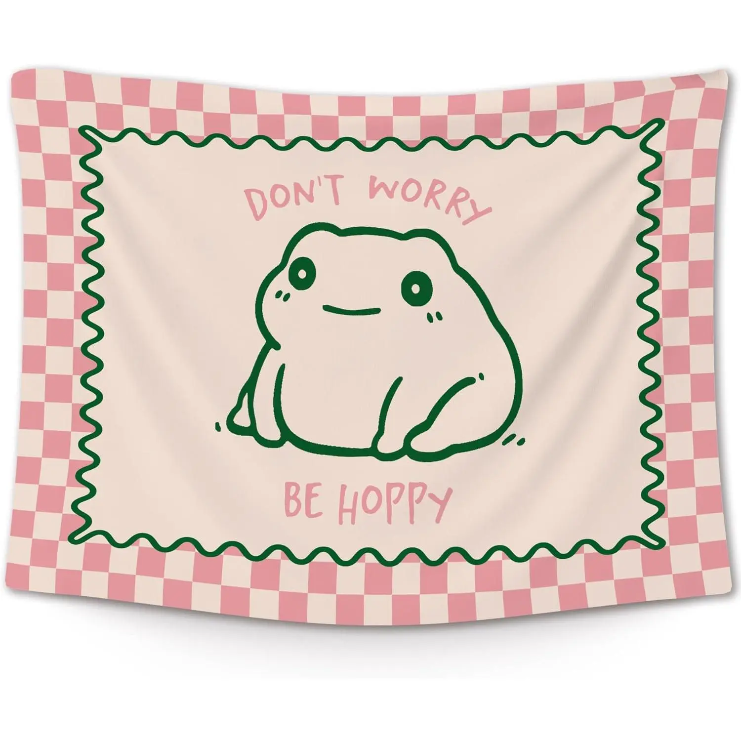 Cute Funny Frog Classroom Tapestry, Don't Worry Be Hoppy Pink Checkered Wall Tapestry Hanging for Bedroom, Cute Frog Funny Tapestries Decor Art for Home Office Girly Room Dorm