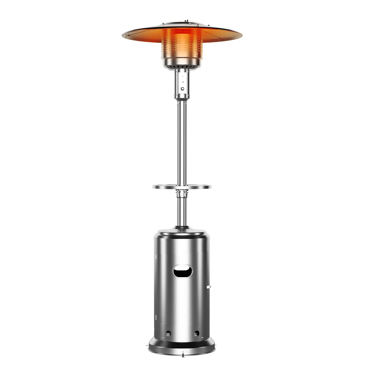 48,000 BTU Propane Patio Heater, Outdoor Standing Heater - Wheels - Stainless Steel Heat Source - Auto Tip-Over Shutoff & Reliable Ignition - Flat-Top Tank Housing - Round Table Design