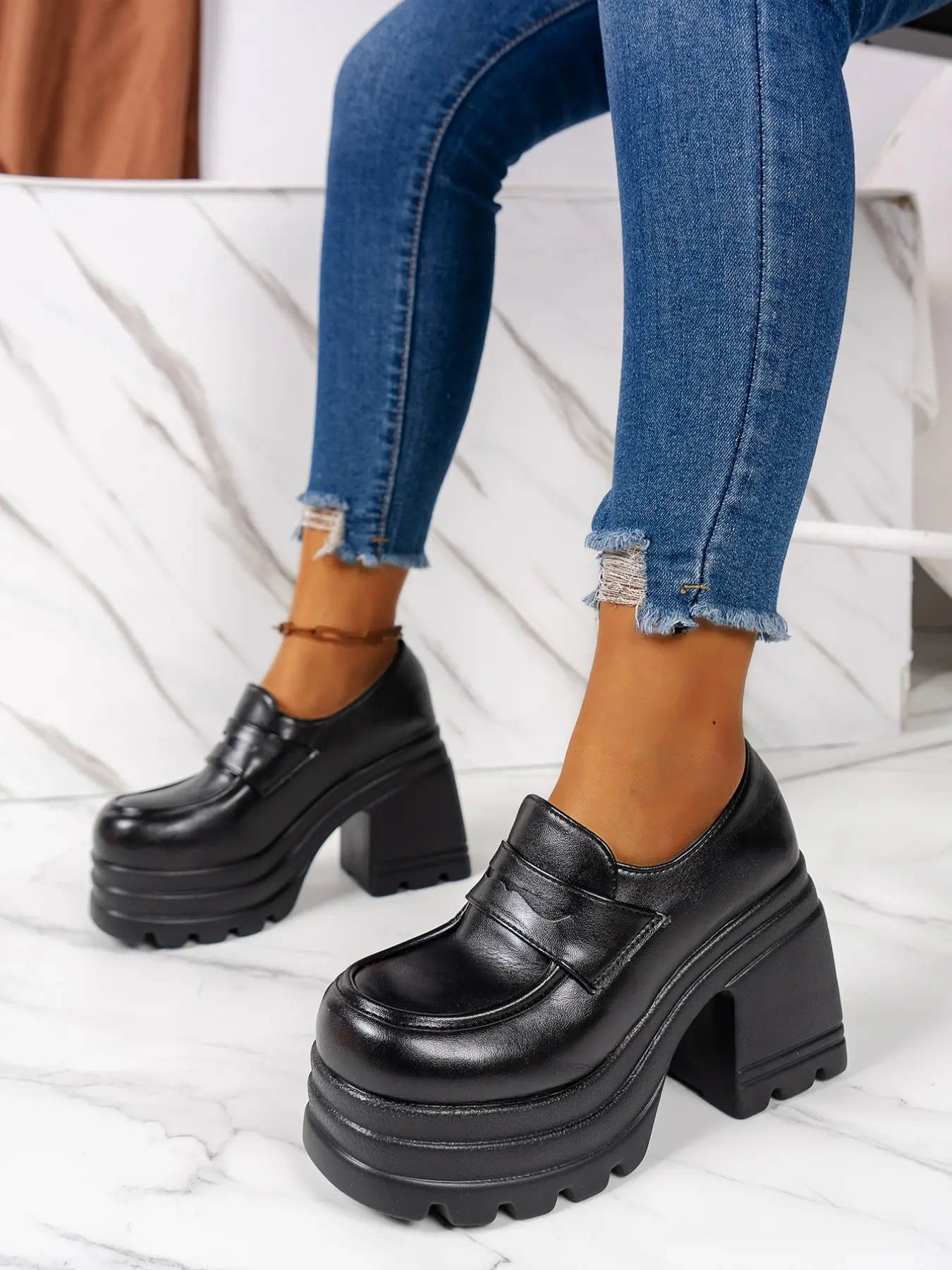 2026 New Vintage College Style Double Platform High Heel Slip-On Loafers for Women, Round Toe Chunky Block Heel Elevated Leather Shoes, Versatile Alt Street Slip-On Shoes with Heels, All-Match Footwear, Casual Shoes for Work, Shopping & Dates