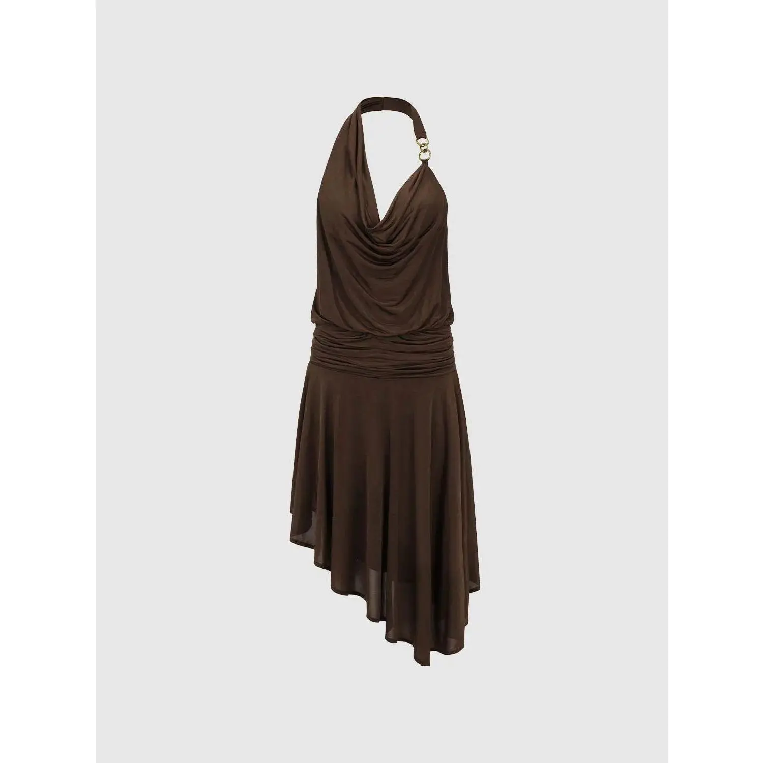 URBAN REVIVO Women's Formal Dress - Draped Neckline, Ruched Waist, Layered Skirt Silhouette, Subtle Stretch, Minimalist Shell, Halter Strap, Cowl Accent, Cocktail, Comfortable
