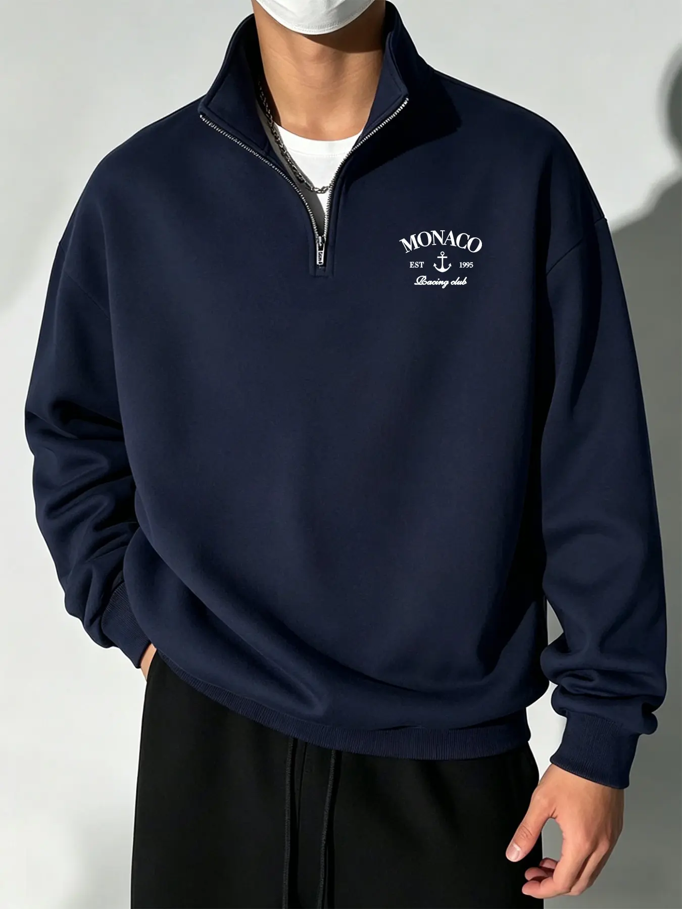 Monaco Racing Club Print Half-Zip Long Sleeve Sweatshirt, American Vintage Casual Loose Style, Stand Collar, Fall & Winter Unisex Top, Geometric Pattern, Menswear