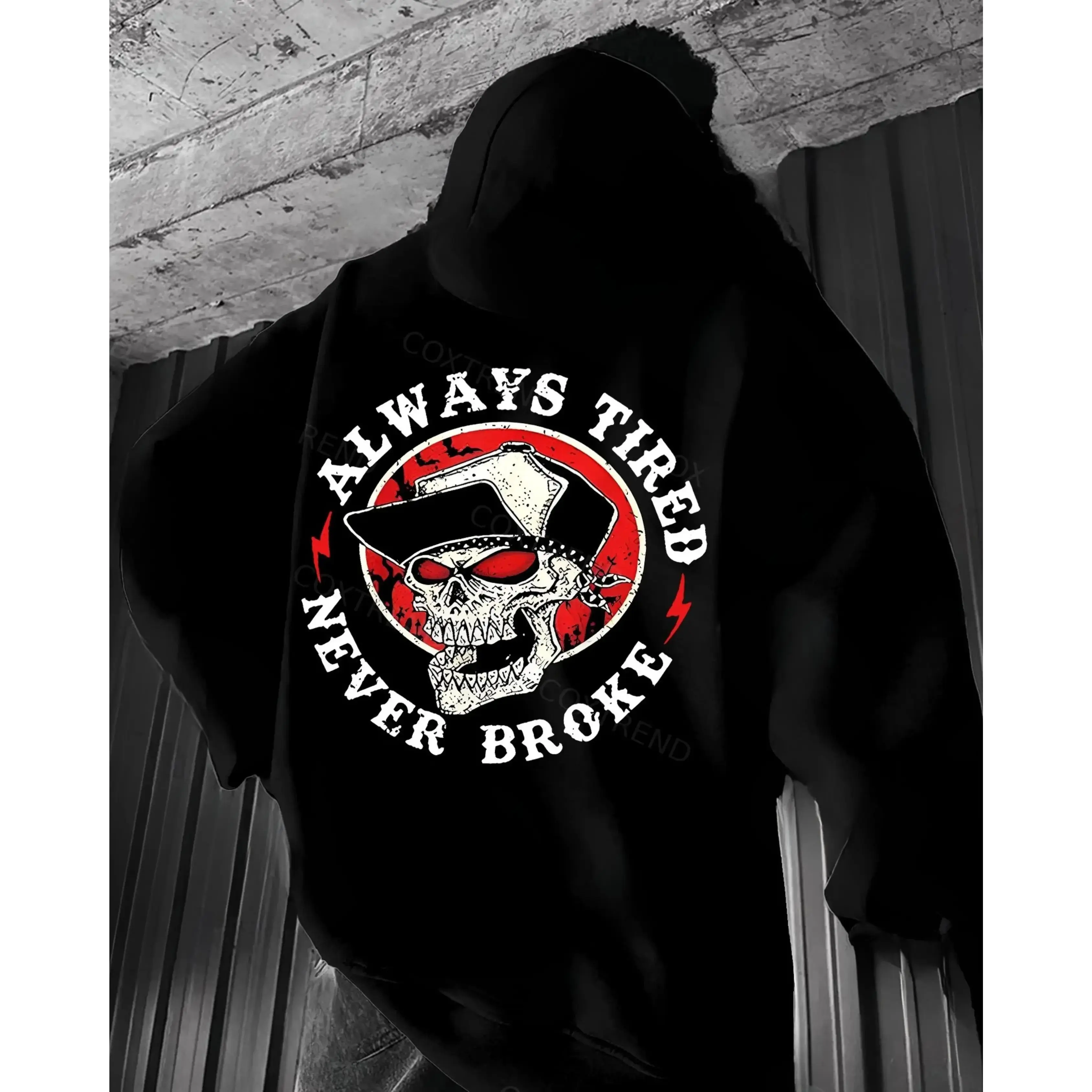 Always Tired Never Broke Skull Hoodie – Hustle Mindset Dark Humor Graphic Hoodie for Men – Savage Attitude Streetwear Hoodie