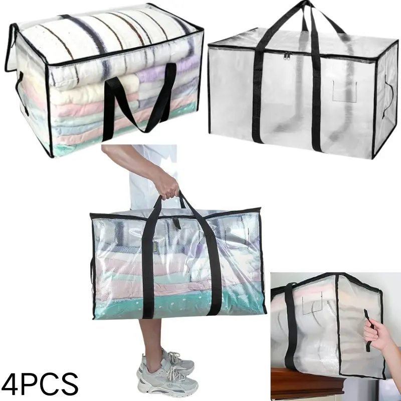 4PCS Extra Large Clear Moving Clothing Storage Bags,Heavy Duty Waterproof Foldable Packing Totes, Multifunctional Organizer Tote for College Dormitory Storage,Household Clothes Sorting,Travel Luggage Packing, Daily Closet Organizing Moving Supplies