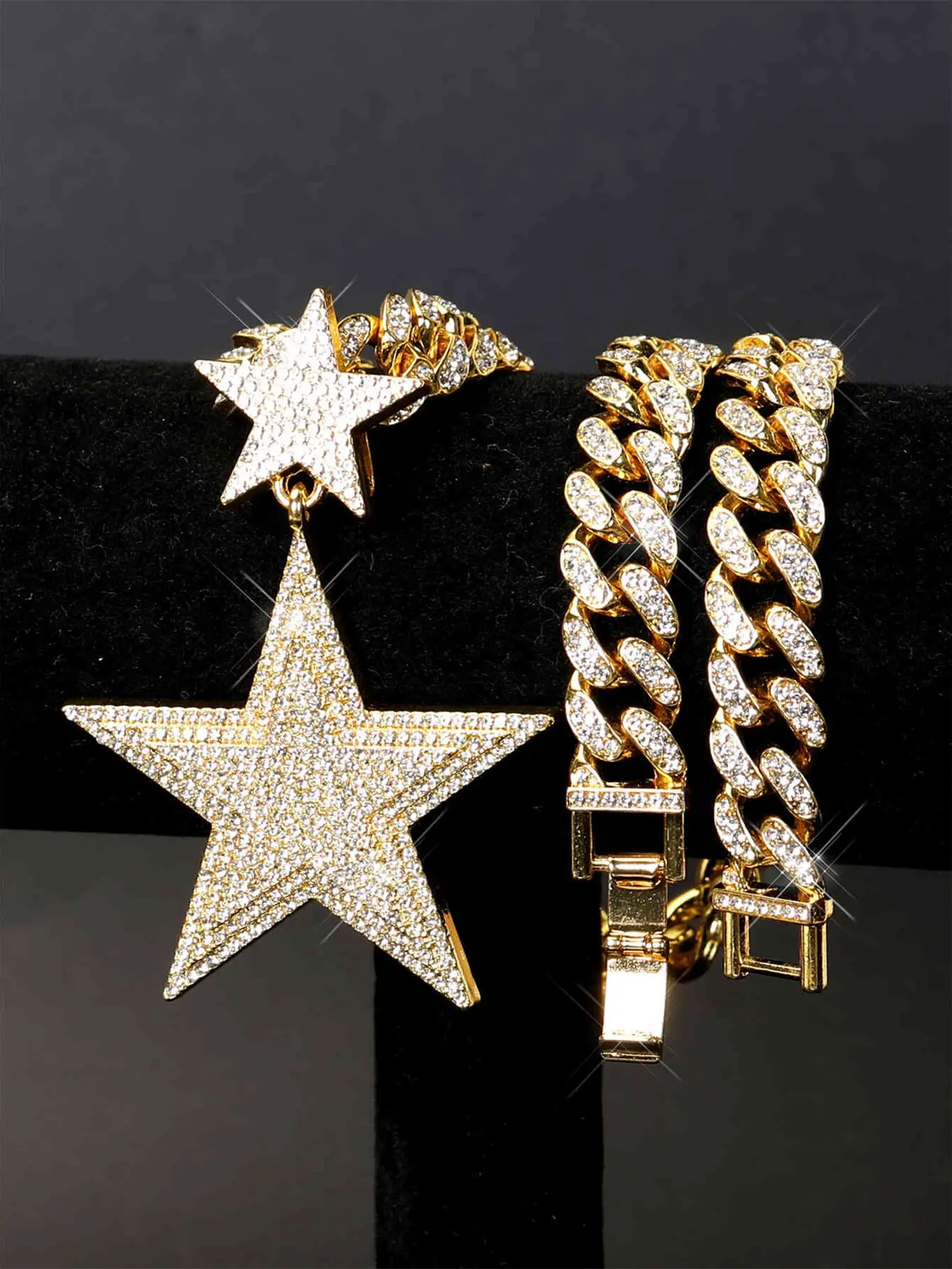 2pcs Punk Style Double-Layer Pentagram Diamond Pendant Necklace Set, Fashionable Streetwear Jewelry, Explosive Design