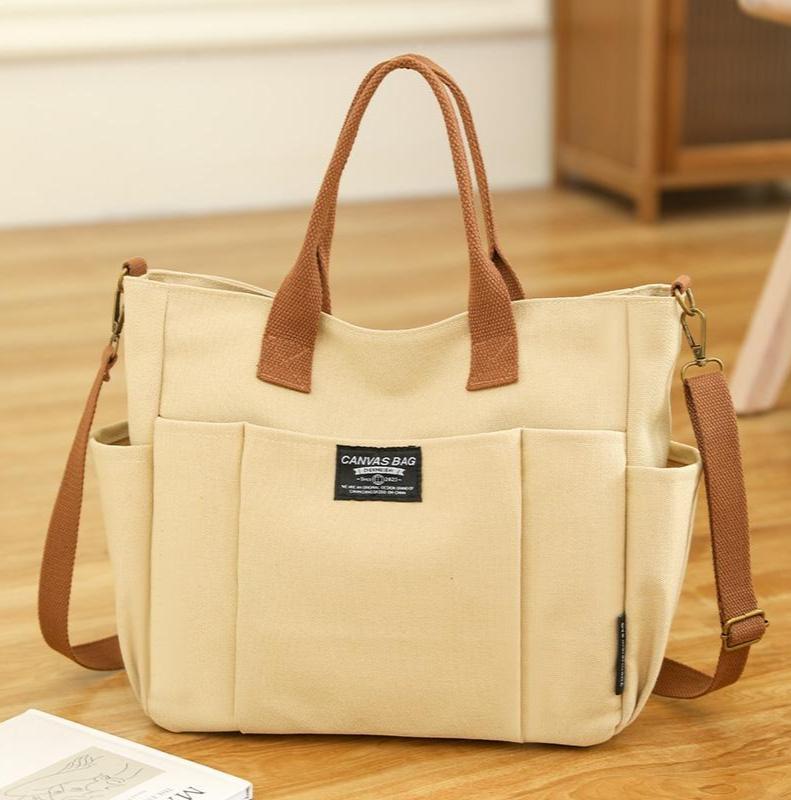 2026 Trendy Preppy College Canvas Tote - Solid Color Multi-Pocket | Secure Zipper Large Capacity | Convertible Shoulder/Crossbody | Fall Outfits & Thoughtful Gift Must-Have