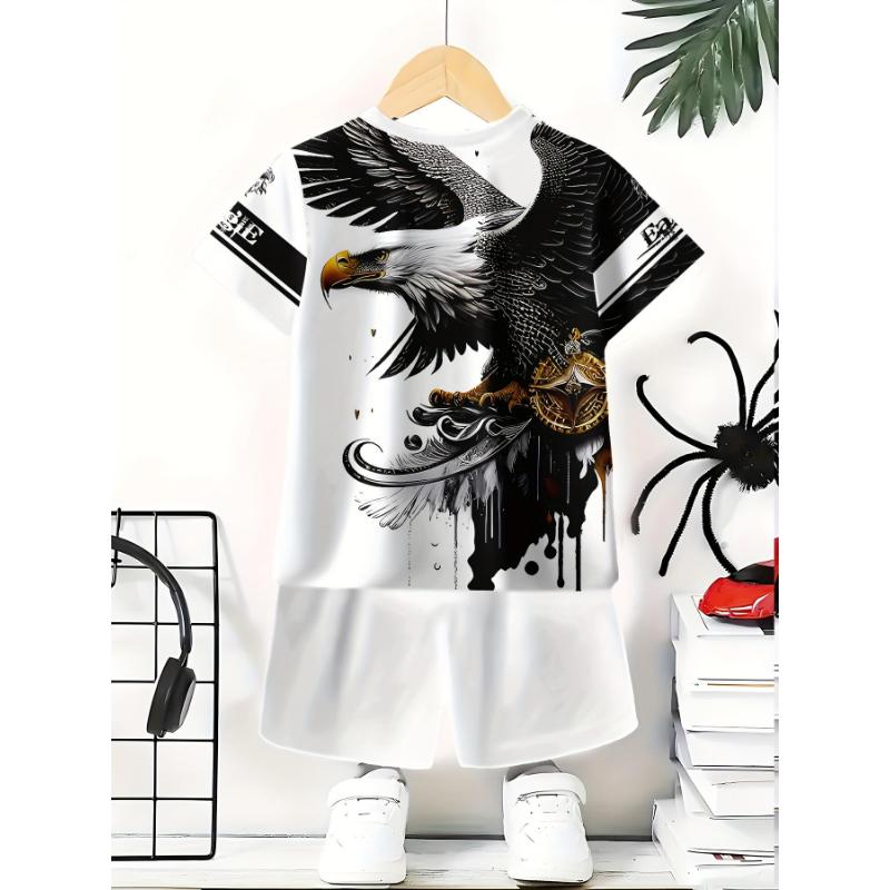 Boys' summer short-sleeve T-shirt and shorts two-piece set, cool eagle print, comfortable and breathable fabric, sporty casual wear, outdoor fashion outfit Boys' summer short-sleeve T-shirt and shorts two-piece set, cool eagle print, comfortable and breathable fabric, sporty casual wear, outdoor fashion outfit