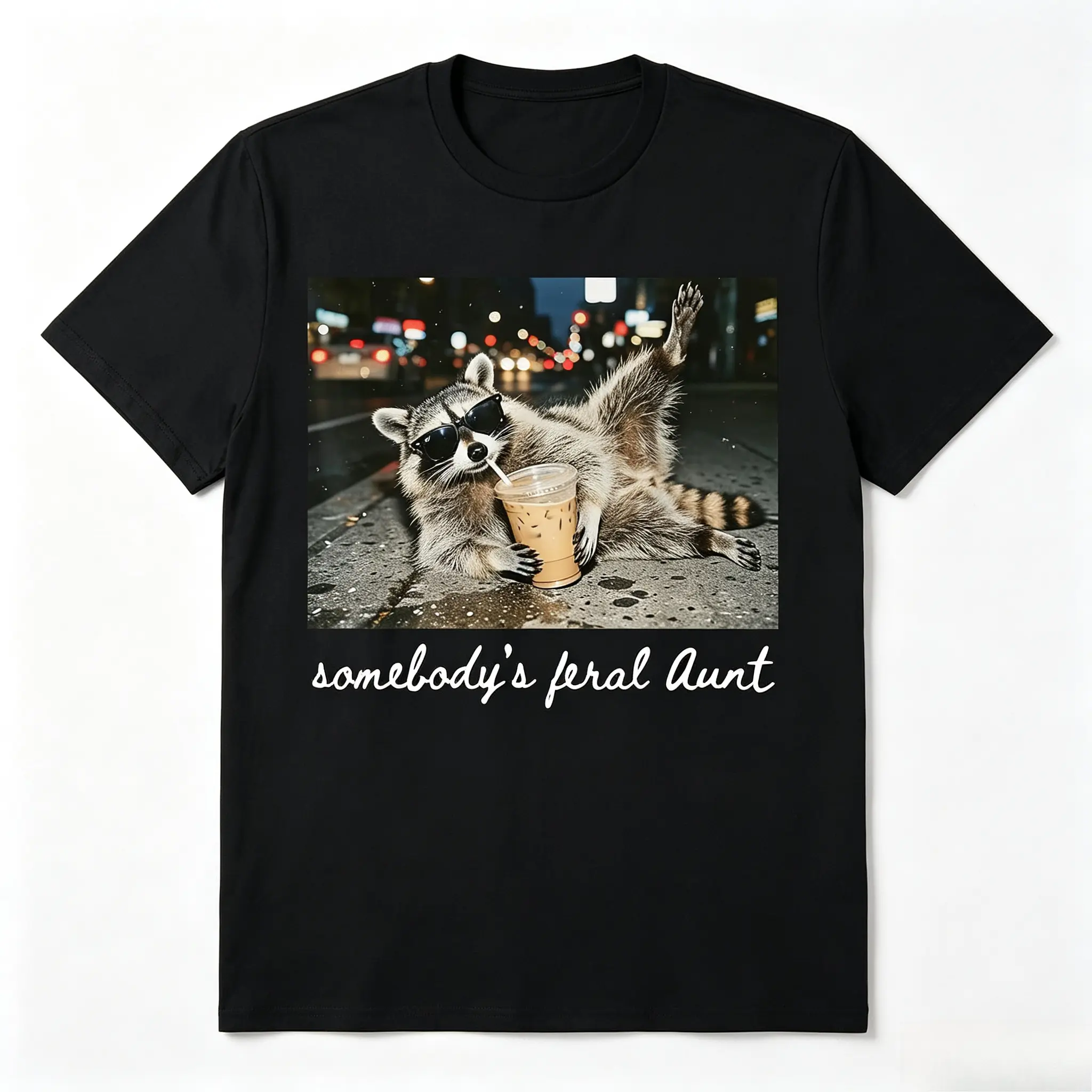 Feral Aunt Raccoon Graphic Oversized Comfort Cotton T‑Shirt, Cute Fashion Meme Outfit, Perfect Holiday Gift for Him Her, Great Present for Family Friends Lover
