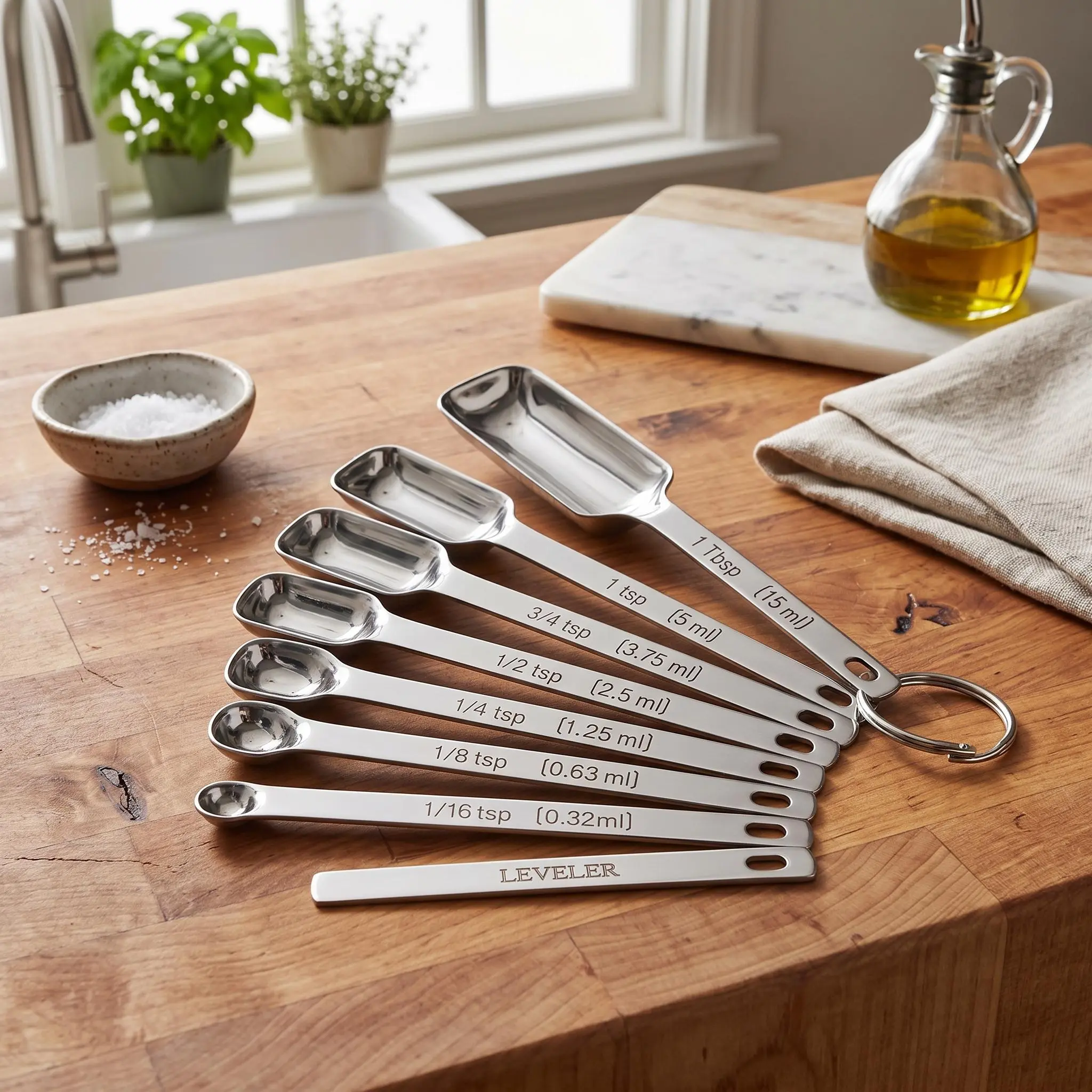 High-quality 304 Stainless Steel Square Measuring Spoons Set - 8-Piece, Mirror Polished, With Ring Holder, Dishwasher Safe, Perfect for Cooking, Baking, and Spice Seasoning