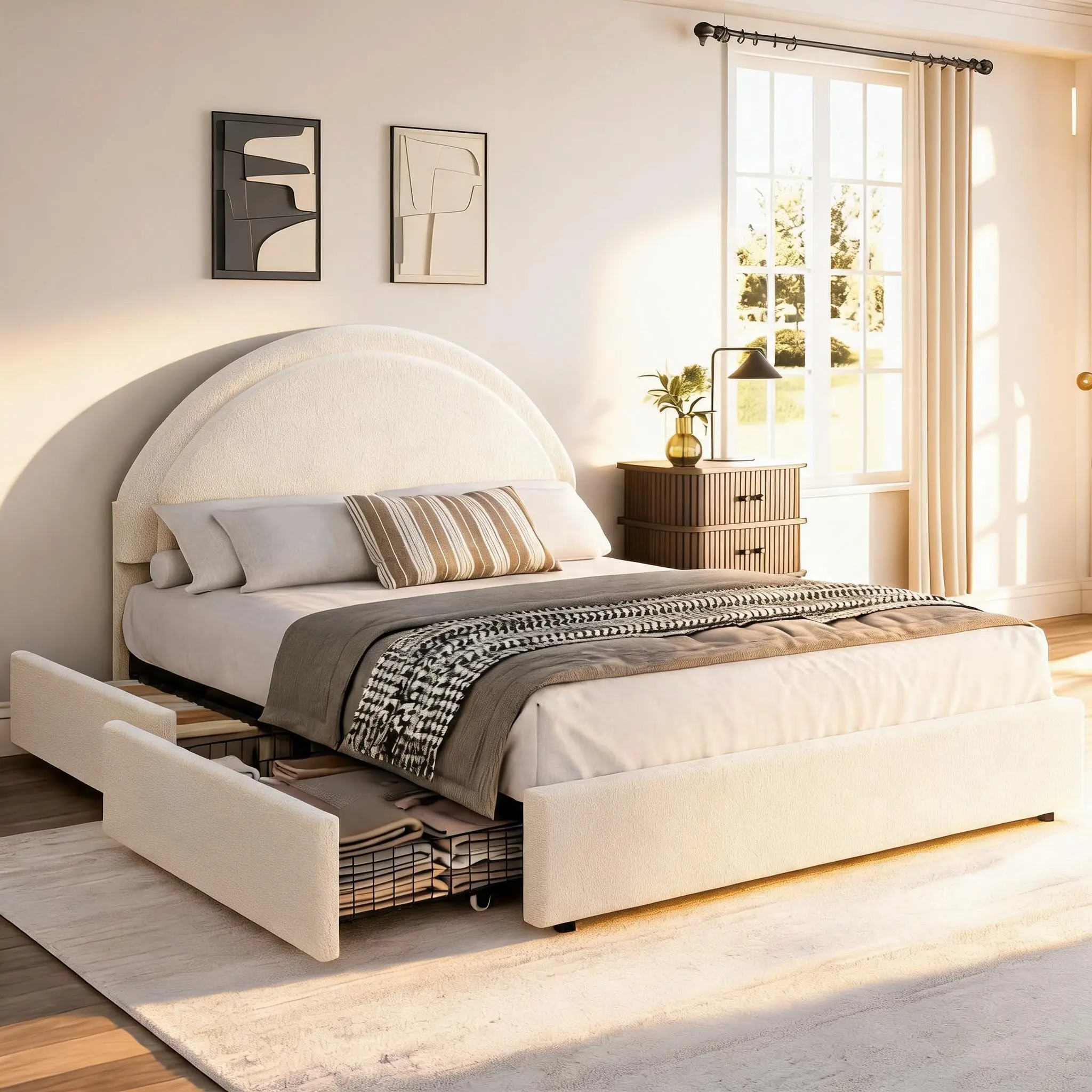Twin/Queen/Full Sizes Bed Frame, Boucle Upholstered Platform Bed Frame w/ Rounded Corners, Soft Bedframe with Round Headboard, No Box Spring Required, Easy Assembly