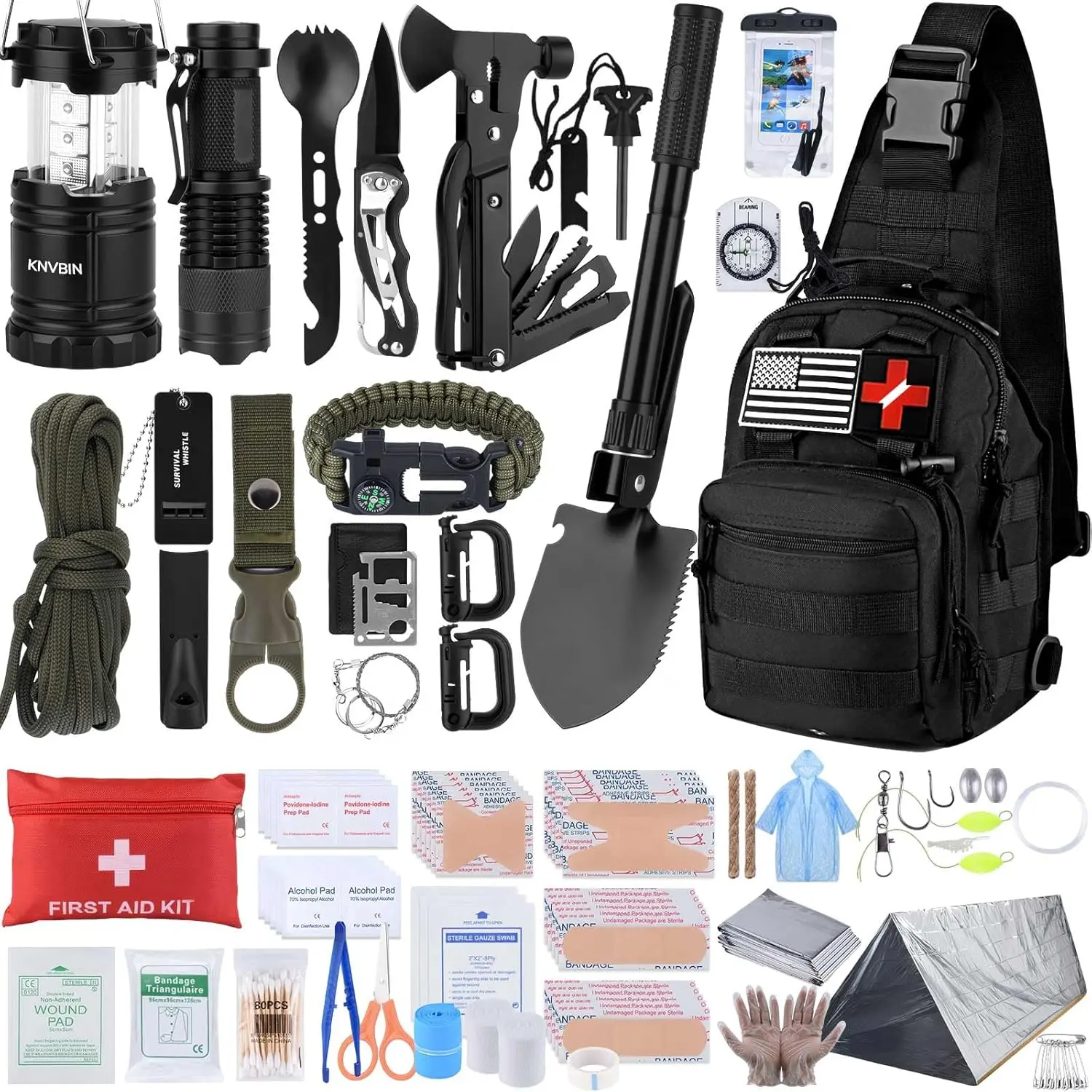 Survival Kit 250pcs - Survival Tools Tactical Gear & Trauma Bag, First Aid Kit with Molle Crossbody Bag & Emergency Tent for Earthquake Bug Out Outdoor Adventure, Gifts for Christmas Men