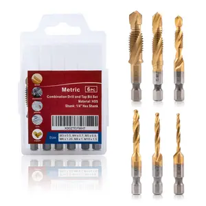 Titanium Combination Drill and Tap Bits Set, 6 count Metric Screw Taps, 3-in-1 Bit Tool for Drilling, Tapping and Countersinking