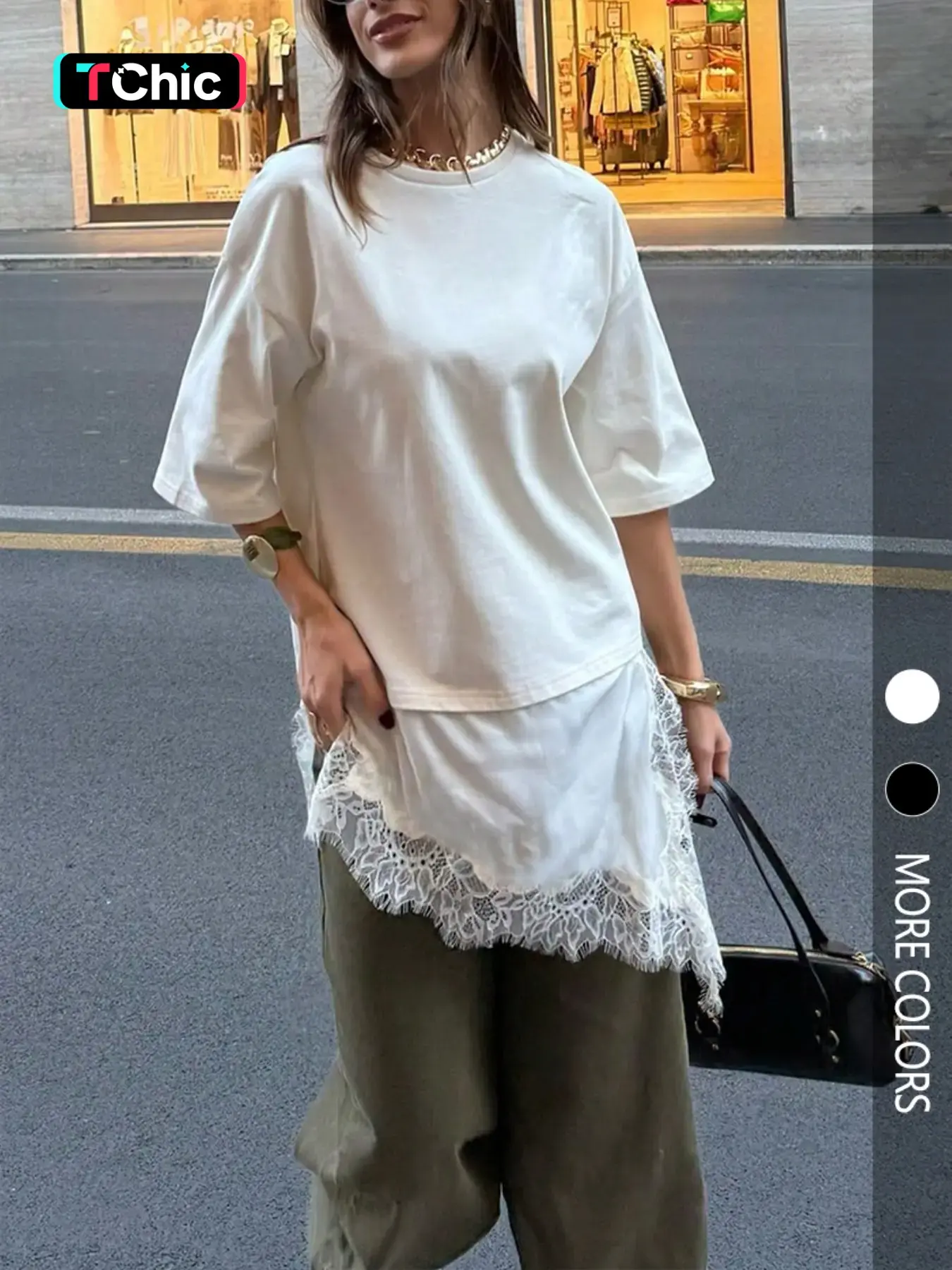 New Women's Summer Round-Neck Short-Sleeved Loose Fit Aesthetic T-Shirt, Asymmetrical Hem with Lace Detailing Top, Perfect for Everyday Wear