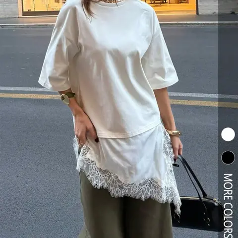 New Women's Summer Round-Neck Short-Sleeved Loose Fit T-Shirt, Asymmetrical Hem with Lace Detailing Top, Perfect for Everyday Wear Daily Wear Top