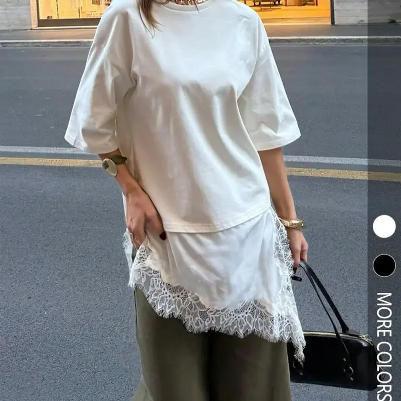 New Women's Summer Round-Neck Short-Sleeved Loose Fit T-Shirt, Asymmetrical Hem with Lace Detailing Top, Perfect for Everyday Wear Daily Wear Top