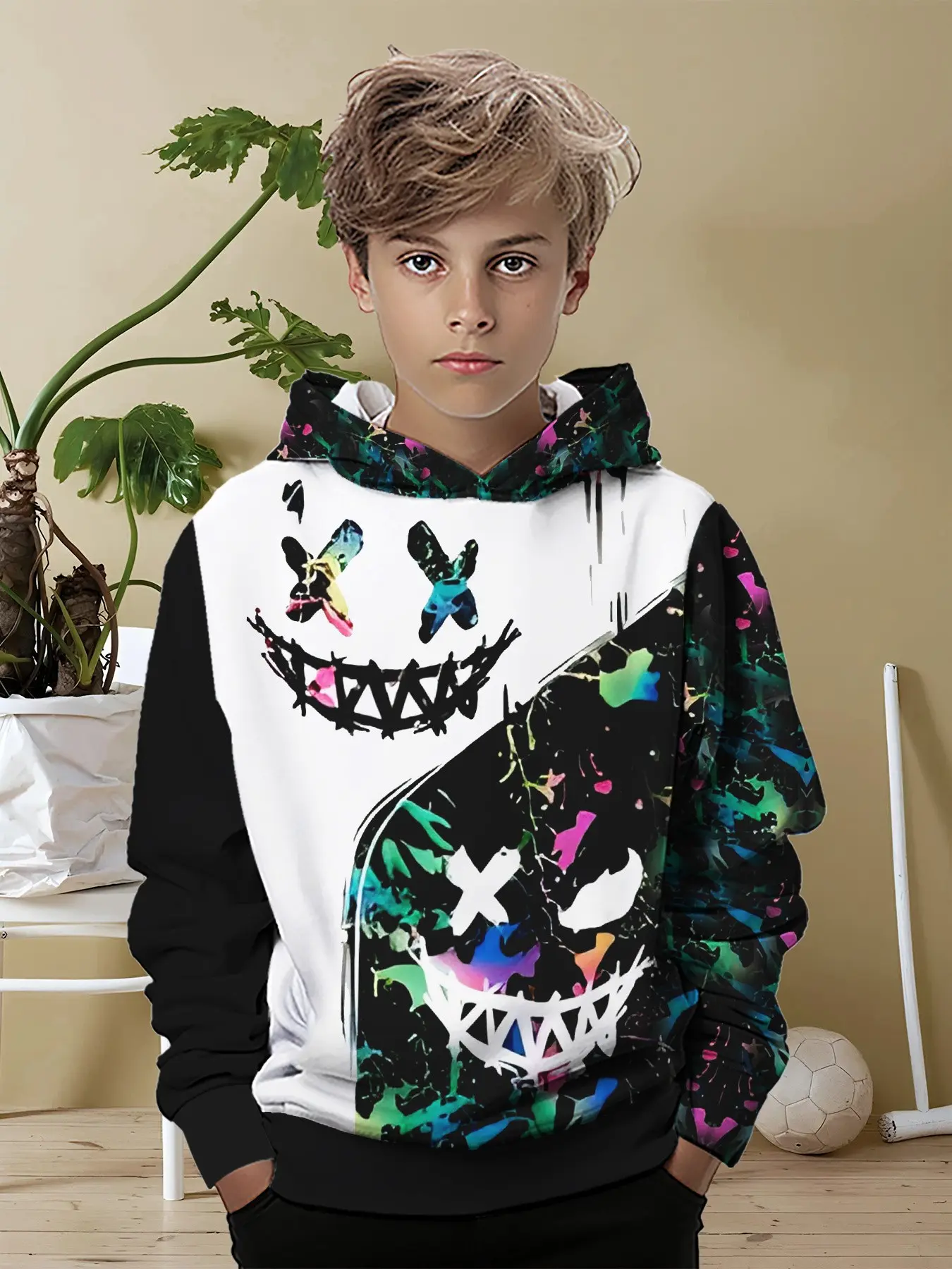 Abstract Graffiti Smile Print Hoodie for Boys, Trendy Loose-Fit Pullover, Casual Spring & Fall Fashion, Unique and Cool Design, graphic hoodie sweatshirt, Graffiti Sweatshirt
