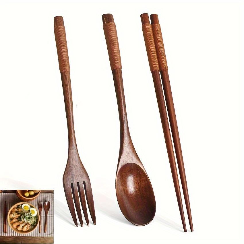 Wooden Tableware Set, 3 Counts/set Including Spoon, Chopsticks & Fork Set, Handmade Household Tableware, Kitchen Utensils, Dinnerware Service Set