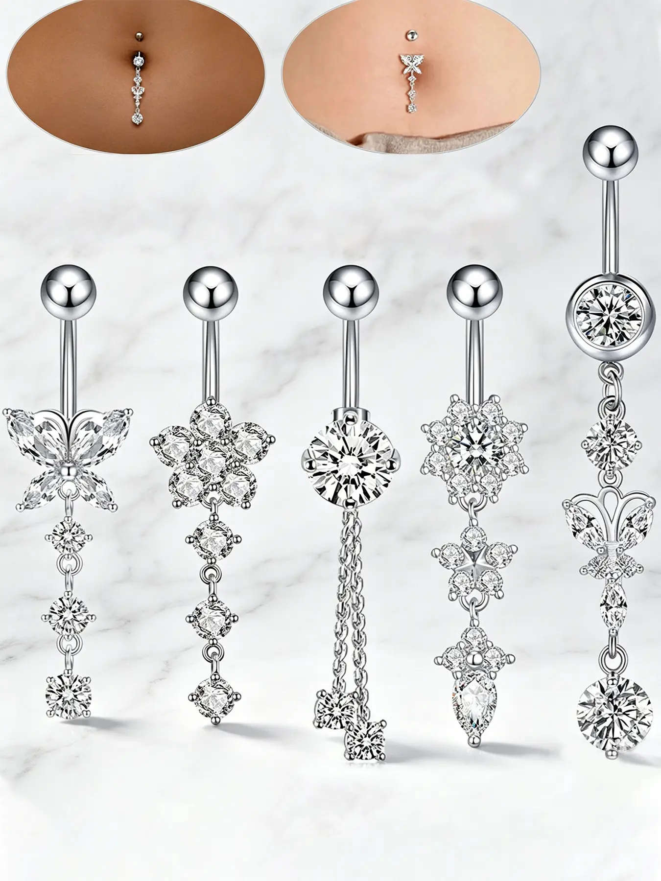 5Pcs Y2K Aesthetic Cute Cool Belly Button Rings Navel Rings Set, 316L Stainless Steel Long Dangle Butterfly Flower Chain with Shiny Cubic Zirconia, Trendy Women Body Piercing Jewelry for Daily Club Party Holiday Gift