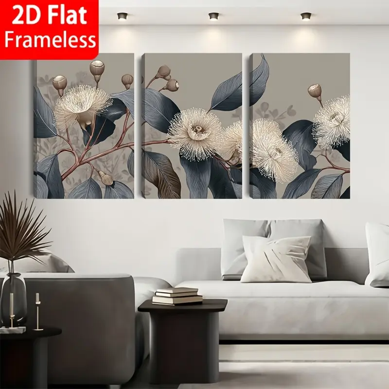 2D flat, 3-piece set of vintage art wooden posters, realistic oil painting, delicate eucalyptus flowers and leaves in a soft neutral background, Easter home decoration, suitable for decorating cafes, libraries, classrooms, living rooms, bedrooms, bathroom