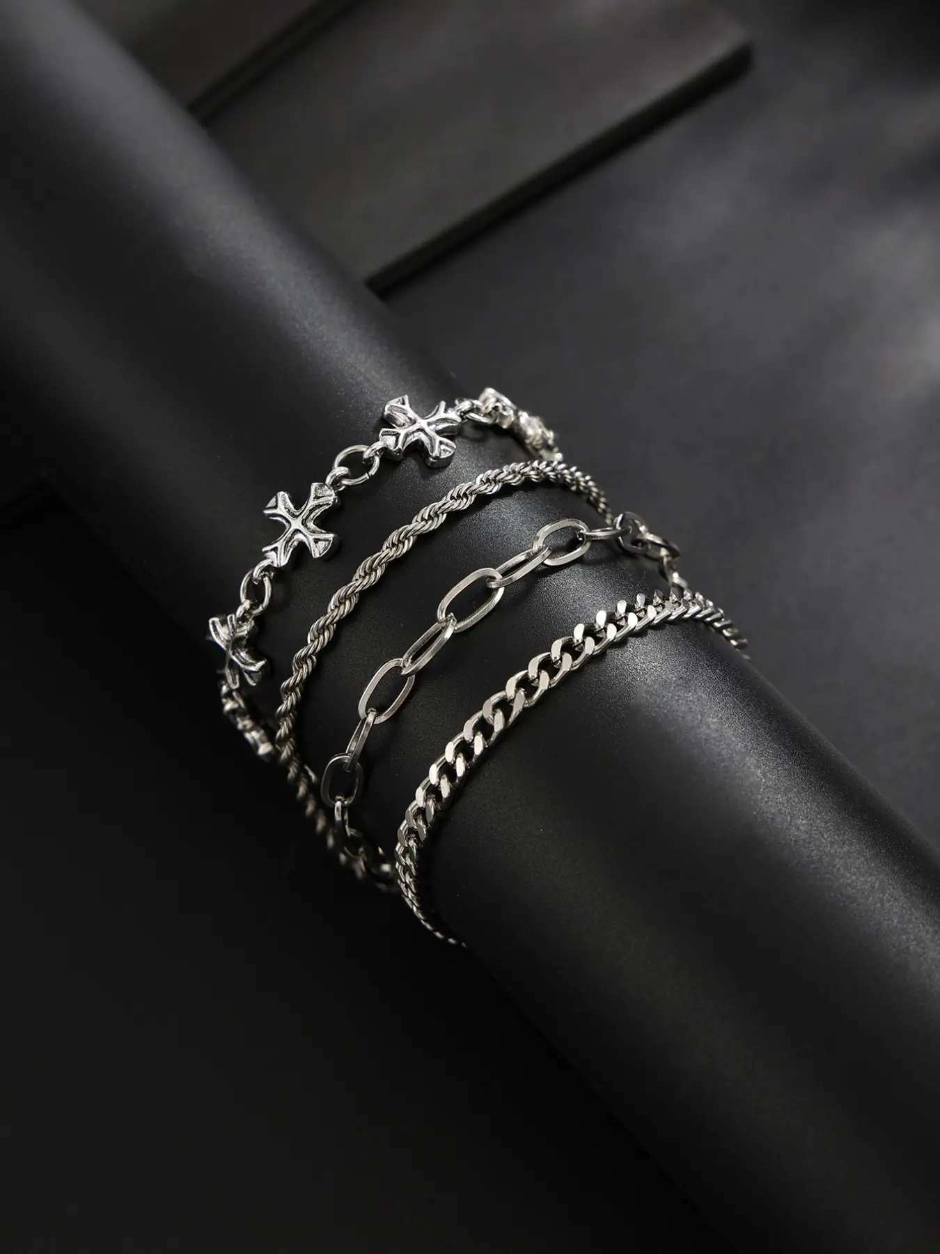 High Street Multi-Chain Silver Color Fashionable Bracelet Set, Bracelet Bundle, Four Different Textures, Vintage Cross Element, Layered Fashion Gift for Men