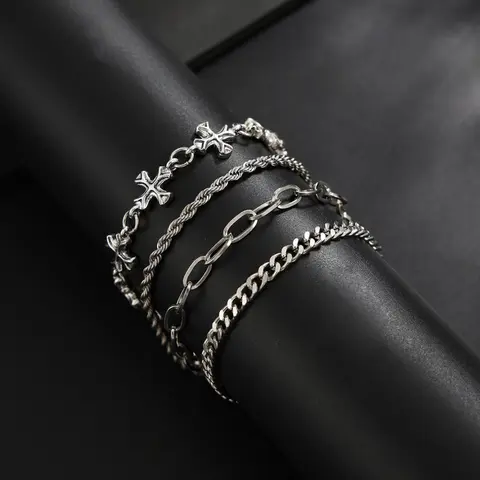 High Street Multi-Chain Silver Color Fashionable Bracelet Set, Bracelet Bundle, Four Different Textures, Vintage Cross Element, Layered Fashion Gift for Men, Bracelets Set