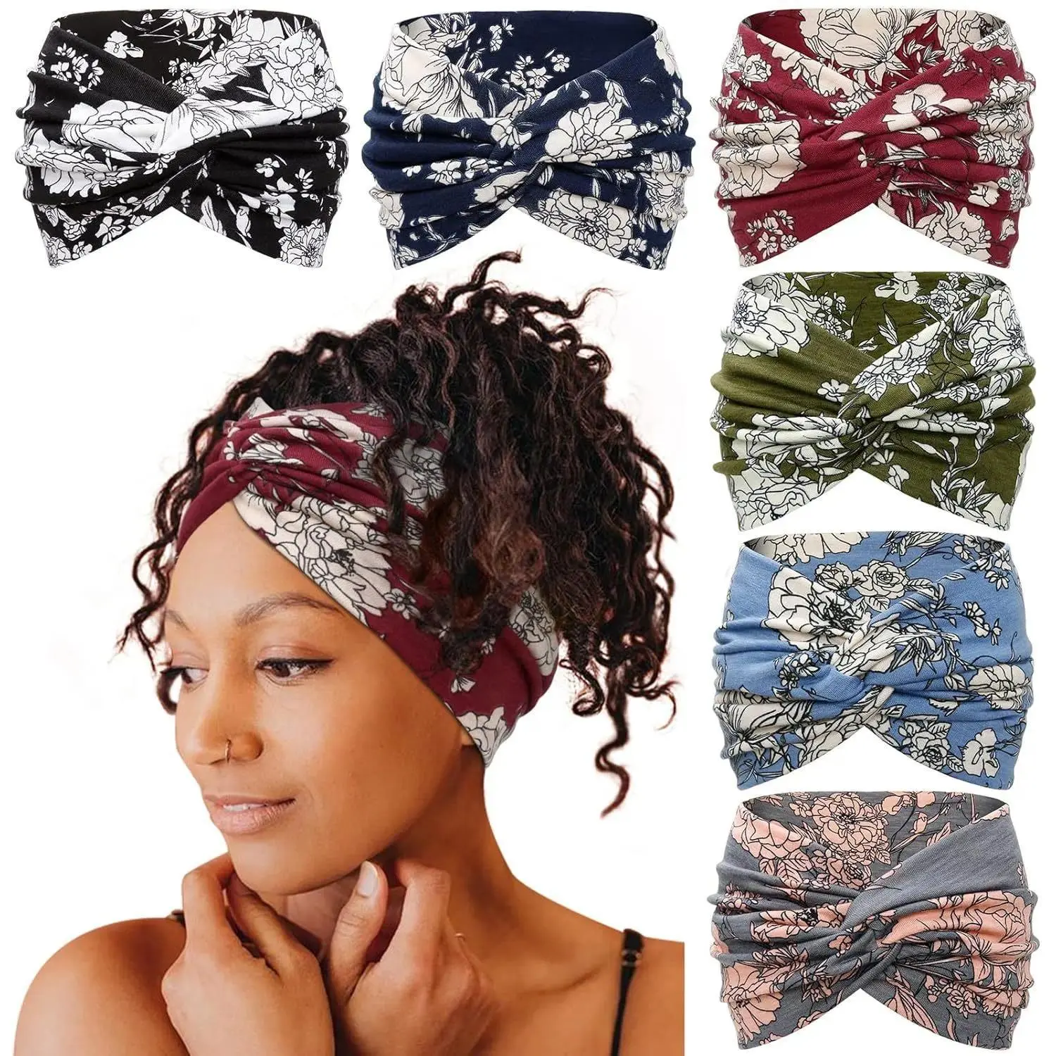 FringeFlutter Women's 6-Piece Wide Shape Bohemian Fabric Headband Set for Female, Casual Daily Use - Breathable Yoga, Running Sports Sweatband, Spring Fashion Item