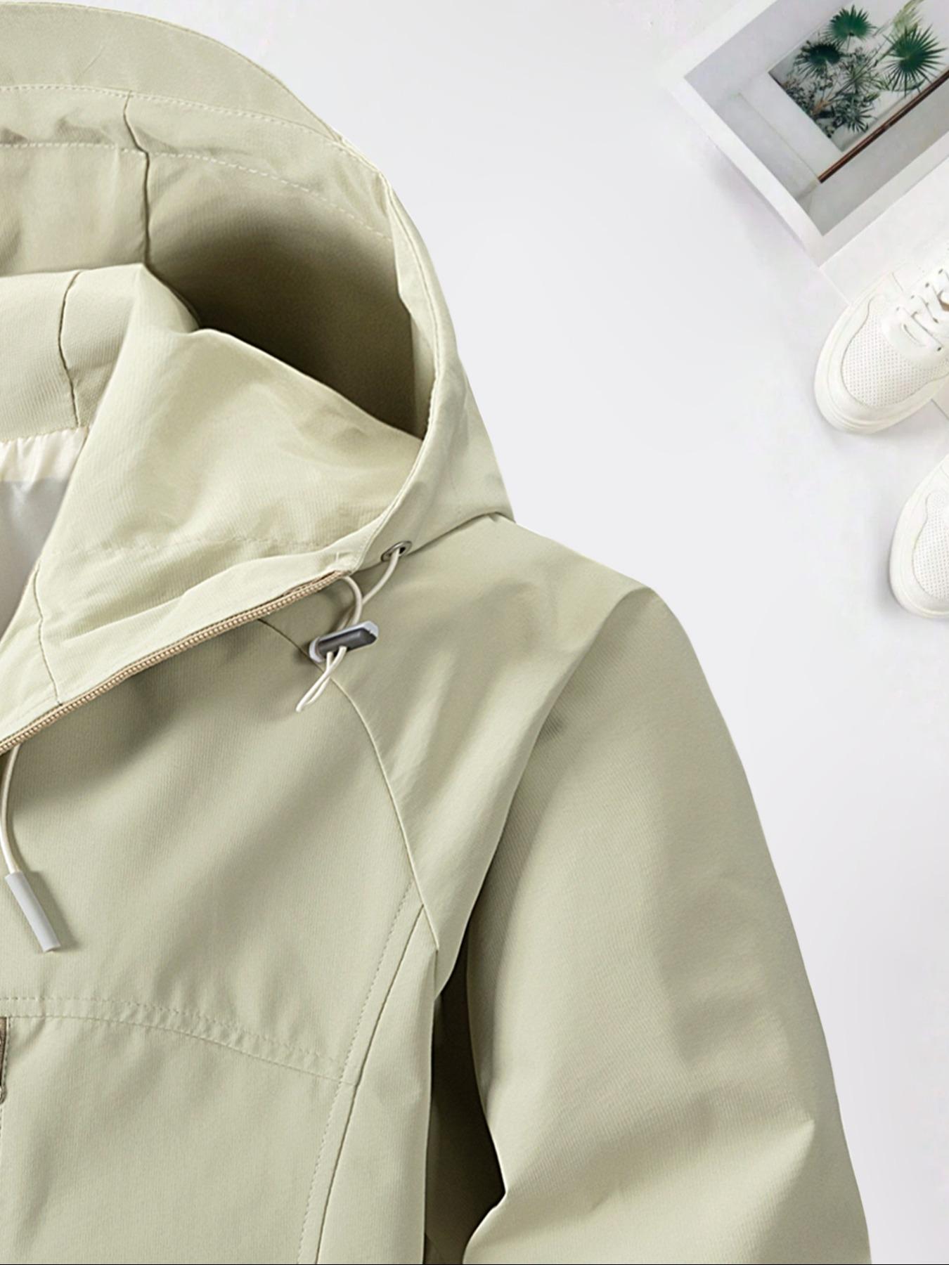 Men's Solid Pocket Drawstring Hooded Jacket, Regular Fit Casual Waterproof Windproof Long Sleeve Zip Up Outerwear for Spring & Fall, Fashion Men's Clothes for Daily Wear