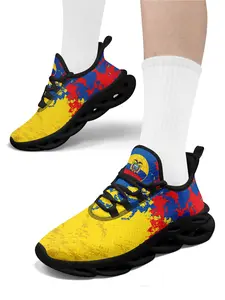 Men's Yellow Blue Red EC National Colors Graphic Lace-Up Low Top Shoes, Classic Casual Sneakers, Comfortable Walking & Running Shoes, Breathable Plus Size