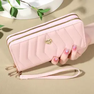 Chevron Stitch Long Double Zipper Wristlet Wallet, Rhinestone Heart Decor Soft Faux Leather Multi Card Coin Purse for Women Daily Use