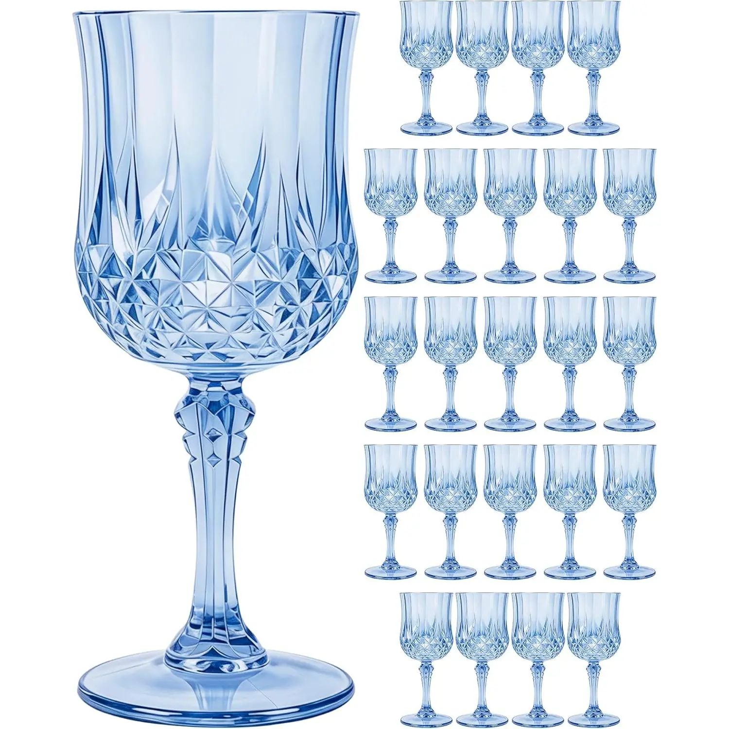 Plastic Wine Glasses Set, 7oz Vintage Goblets Shatterproof Unbreakable Reusable & Disposable, Drinking Glasses with Stem, for Wedding Outdoor Dinner Party (24pcs, Blue)