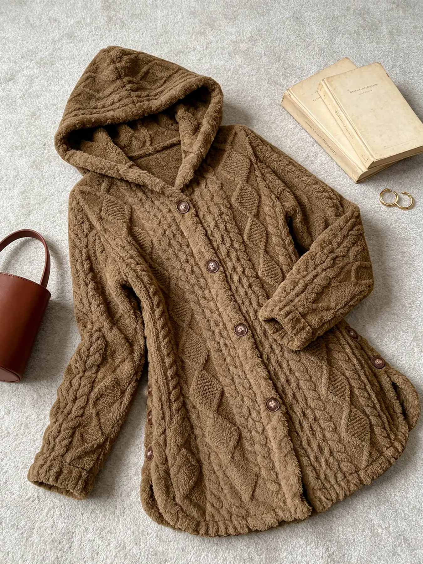 A women's fashionable, casual, and gentle plush button up jacket with a mid to long single breasted design, suitable for home, commuting, and outdoor wear in autumn and winter