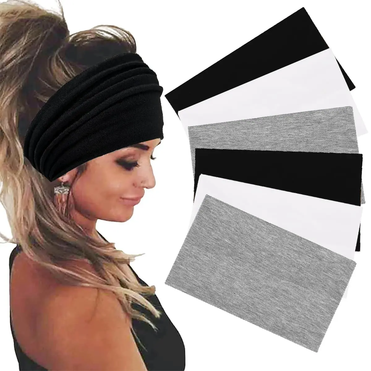 6 Pack Extra Wide Headbands For Women Stretch Headband Boho  Bands Women's Hair Band Turban Workout  Hairband Accessories (Black, White, Light Gray, 6 Pack)