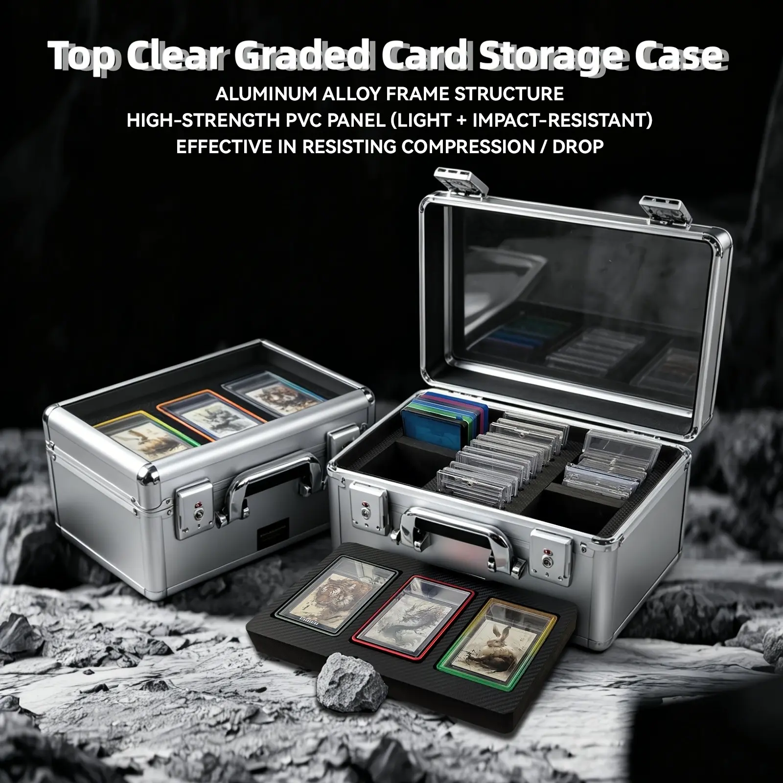1pc Top Clear Graded Card Storage Box (Dual-Layer), Aluminum Alloy Storage Case With Display Top Layer For PSA CGC 35pt 3-Slot Protective Holder Bumper Guard, Can Hold 50+ Graded Card Slabs, Dual TSA Lock, Organizer For Sport Star Cards TCG Trading Card