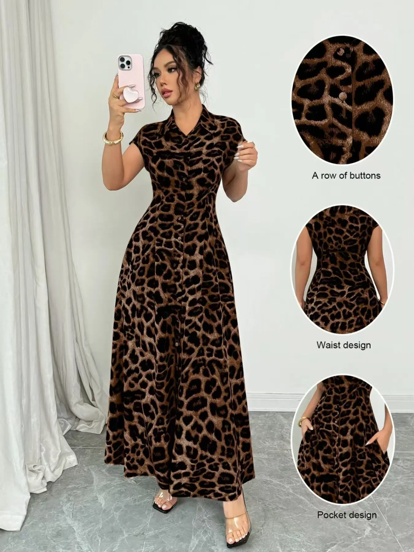 Elegant Leopard Print Lapel Short Sleeve Waist Cinched Button Long Dress for Women, Stylish and Chic Evening Wear, Perfect for Special Occasions