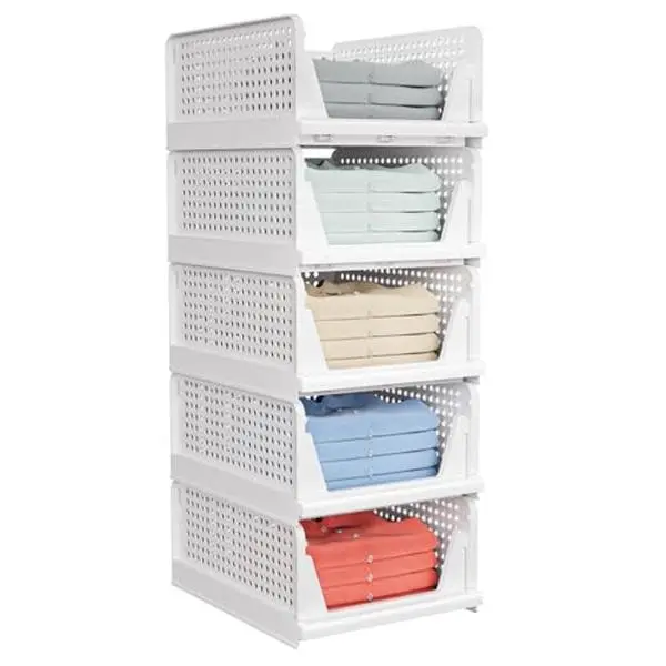 5 Pack Stackable Closet Storage Baskets, Foldable Front-Open Organizer Bins for Clothes, Wardrobe, Bedroom & Office, White-4L : Home & Kitchen
