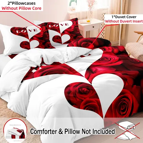 Rose Pattern, Theme Bedding Set, Including 1 Duvet Cover & 2 Pillowcases, Bedding Supplies for Home Bedroom Hotel