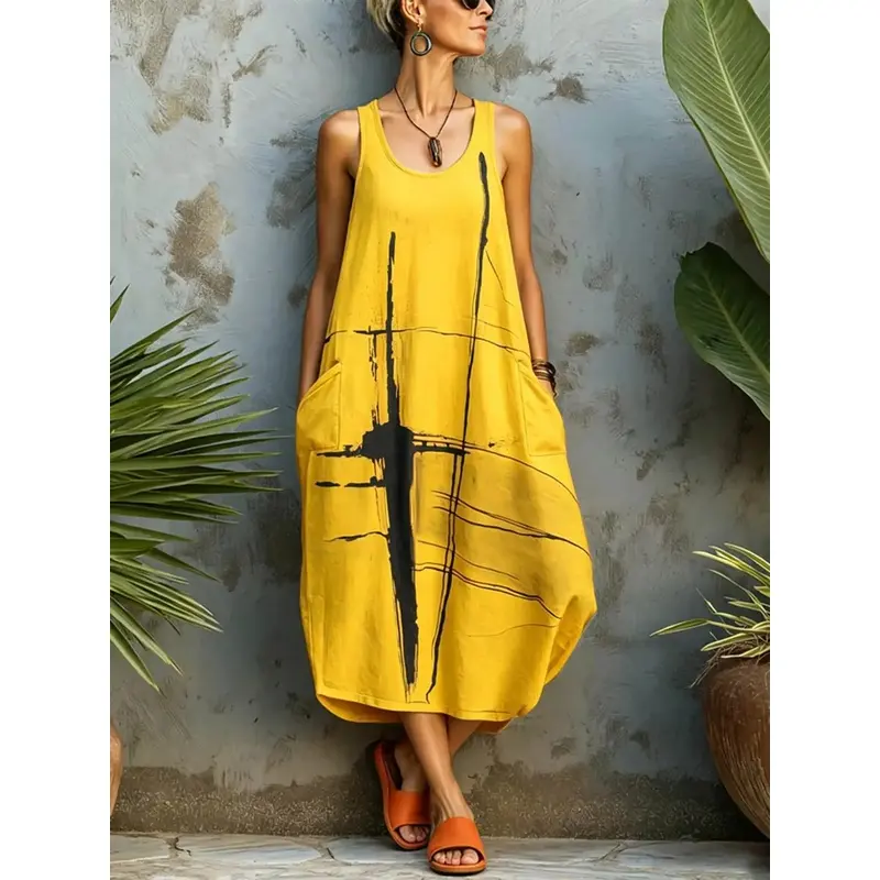 New Summer Loose Fit Sleeveless Pocket Casual Dress, European and American Style, Comfortable and Stylish, Perfect for Daily Wear